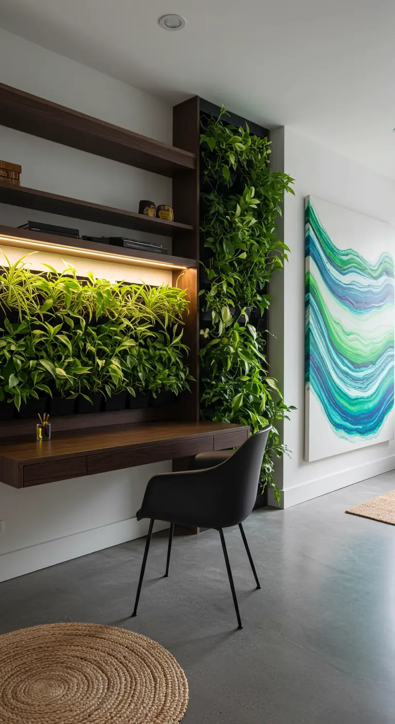 Bureau flottant avec un mur végétal luxuriant et éclairage LED intégré.