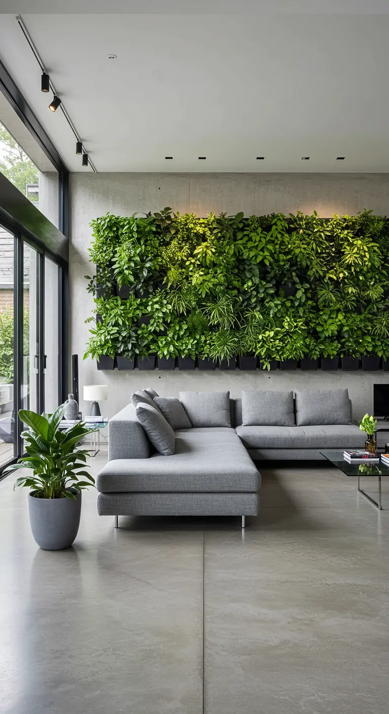 Grand mur végétal luxuriant avec différentes plantes vertes derrière un canapé d'angle gris dans un salon moderne.