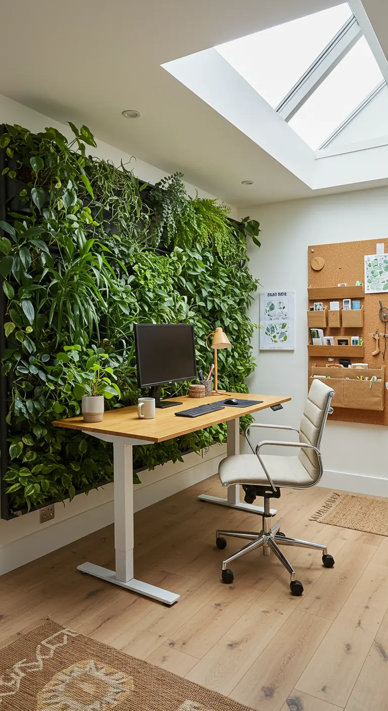Bureau avec un mur entièrement couvert de plantes vertes luxuriantes et une fenêtre de toit.