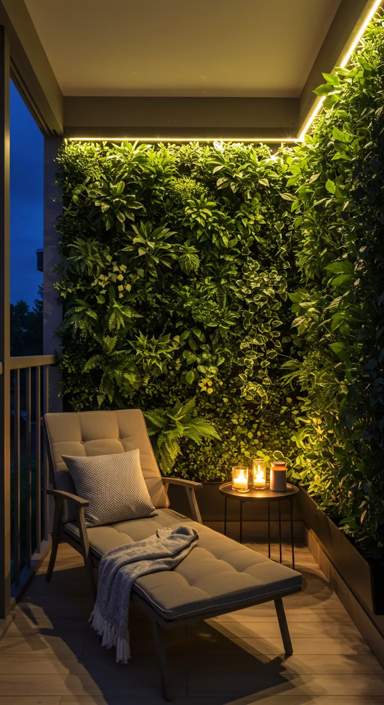 Mur végétal luxuriant éclairé par des bandes LED, chaise longue et bougies sur table d'appoint.