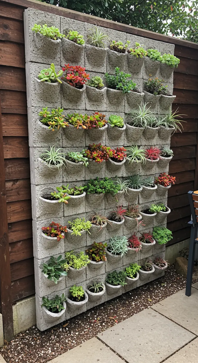 Mur végétal DIY fait de blocs de béton creux, chaque cavité remplie d'une petite succulente différente.