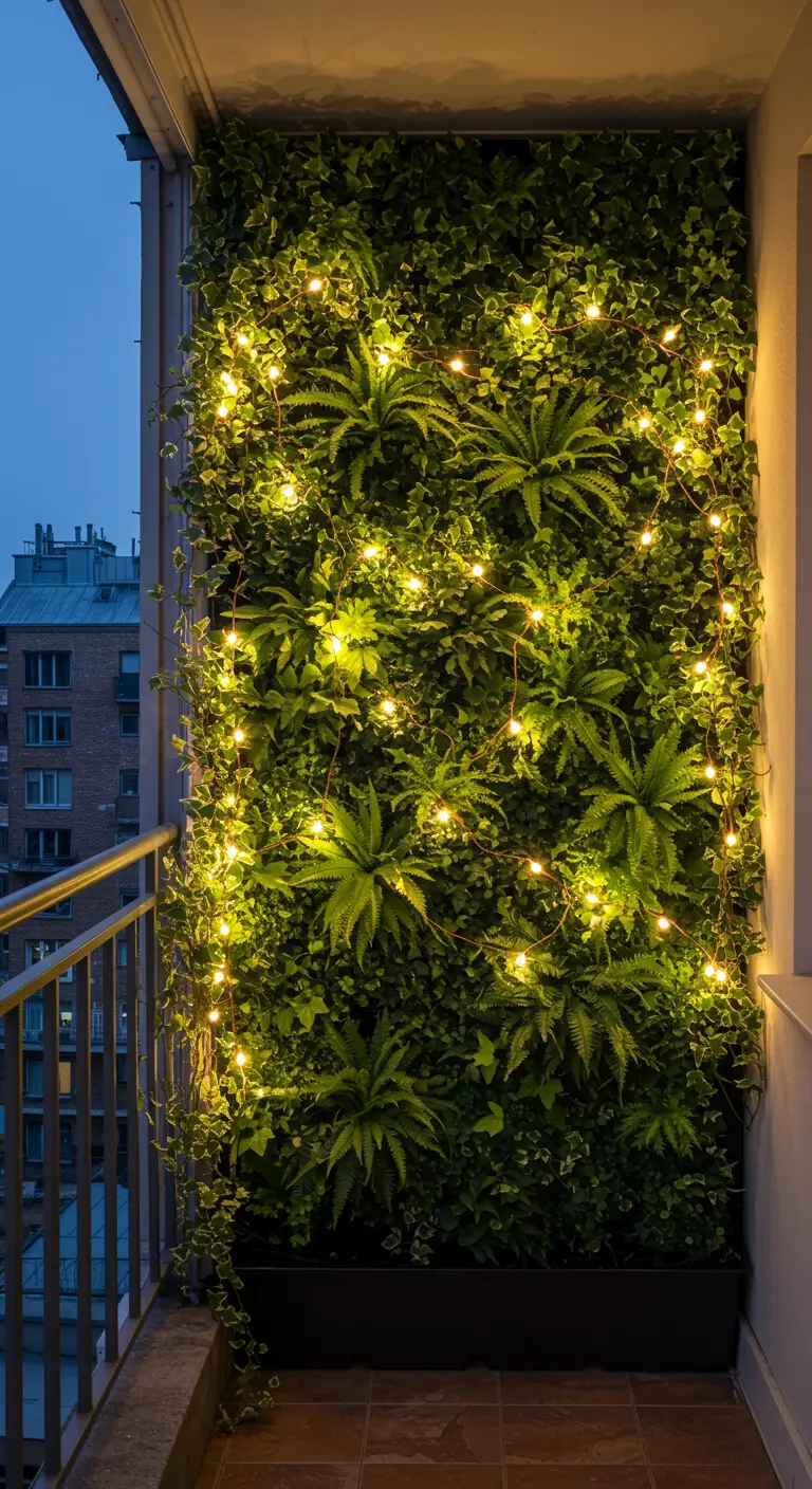 Mur végétal luxuriant sur un balcon, parsemé de petites lumières de guirlande.