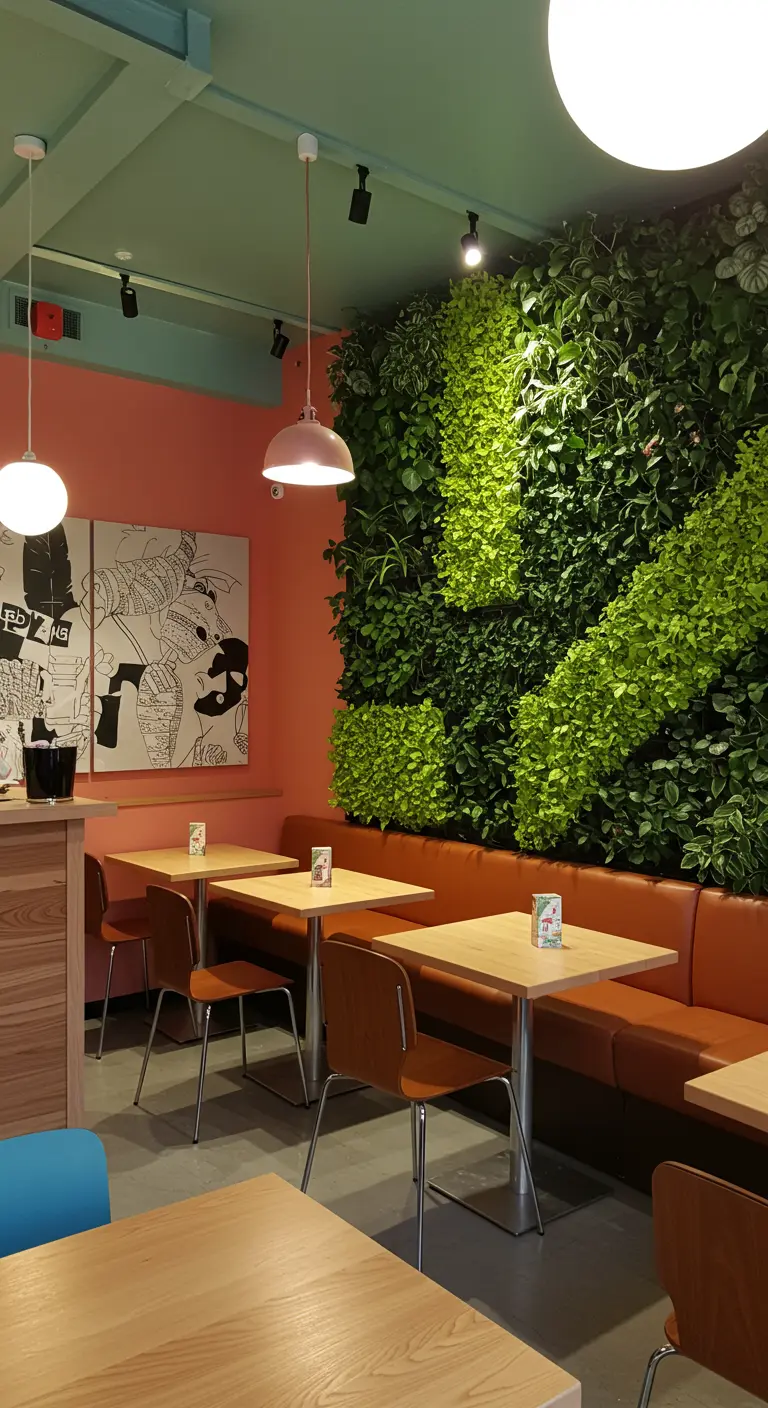 Mur végétal dense avec des motifs en relief créés par des plantes et de la mousse, éclairé par des spots.