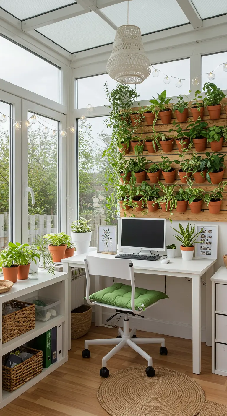 Bureau lumineux dans une véranda avec un grand mur végétal en pots de terre cuite