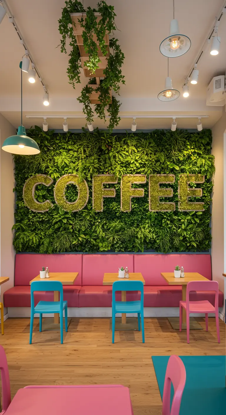 Mur végétal avec le mot 'COFFEE' formé en mousse verte dans un café coloré.