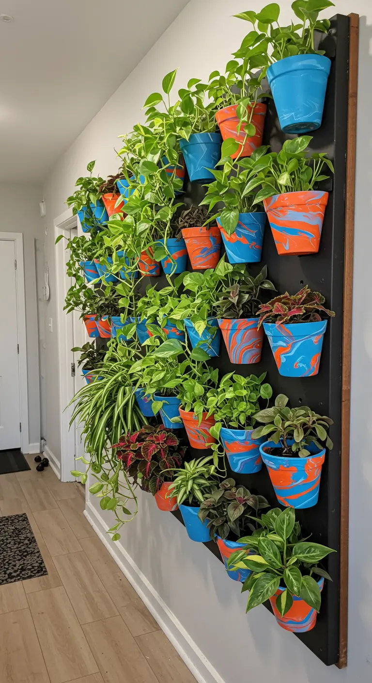 Mur végétal avec de nombreux pots marbrés orange et bleu, remplis de plantes vertes variées.