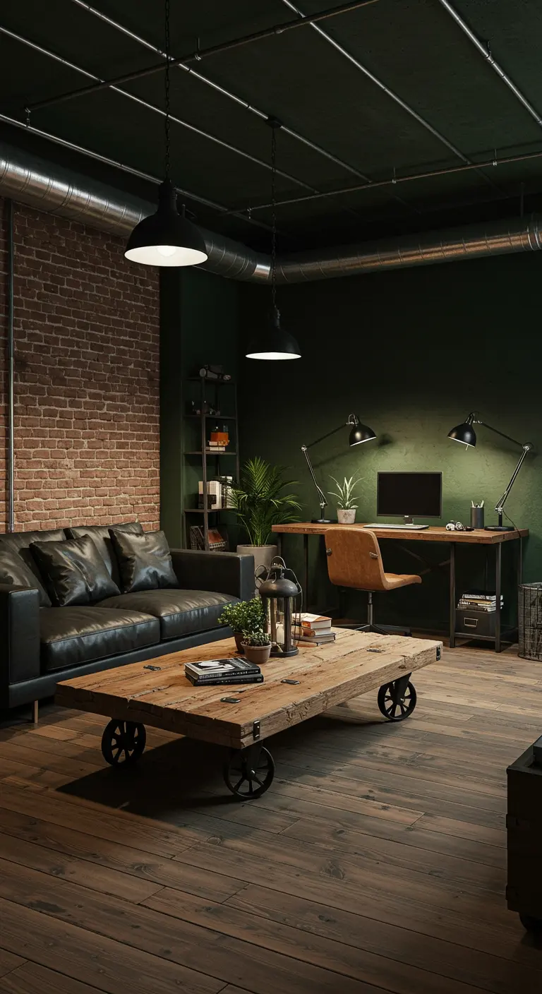 Salon industriel avec mur de briques, mur vert bouteille, canapé en cuir noir, table basse sur roulettes et bureau.