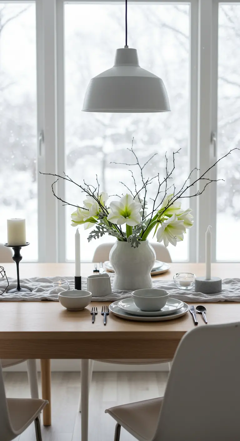 Centre de table hivernal minimaliste avec amaryllis et branches.