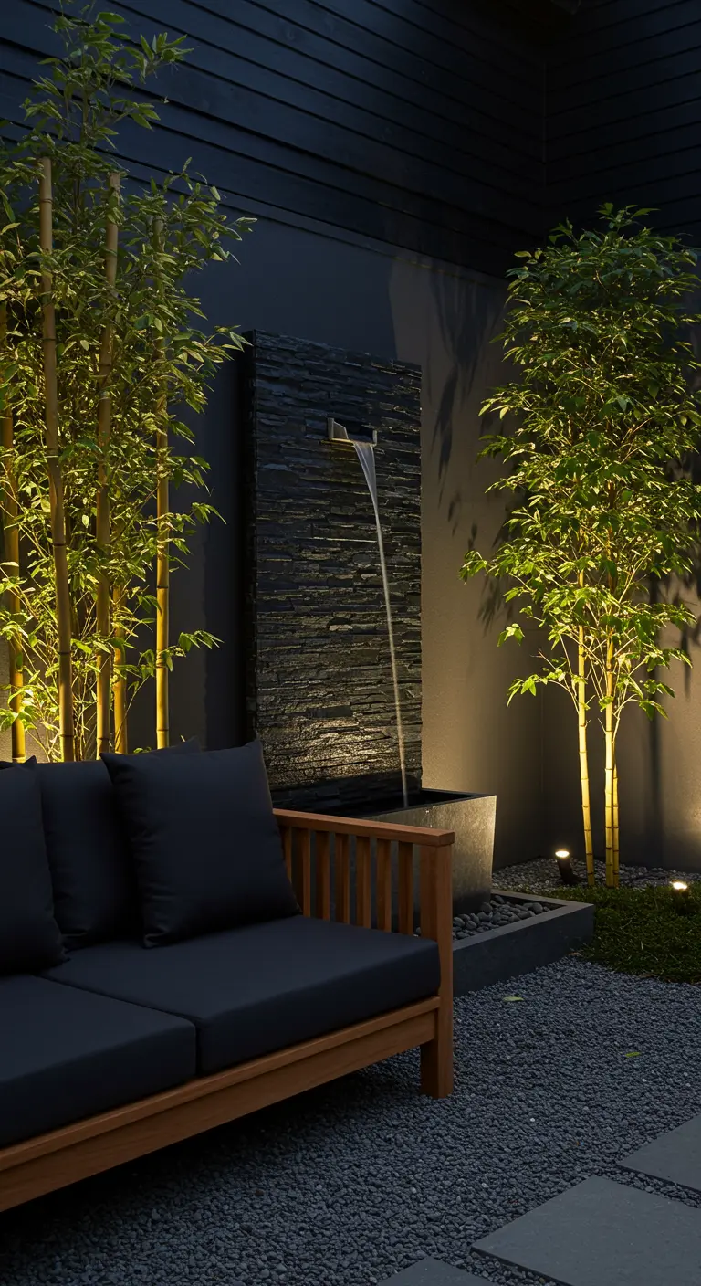 Patio moderne avec fontaine en ardoise, canapé noir et bambous éclairés la nuit.