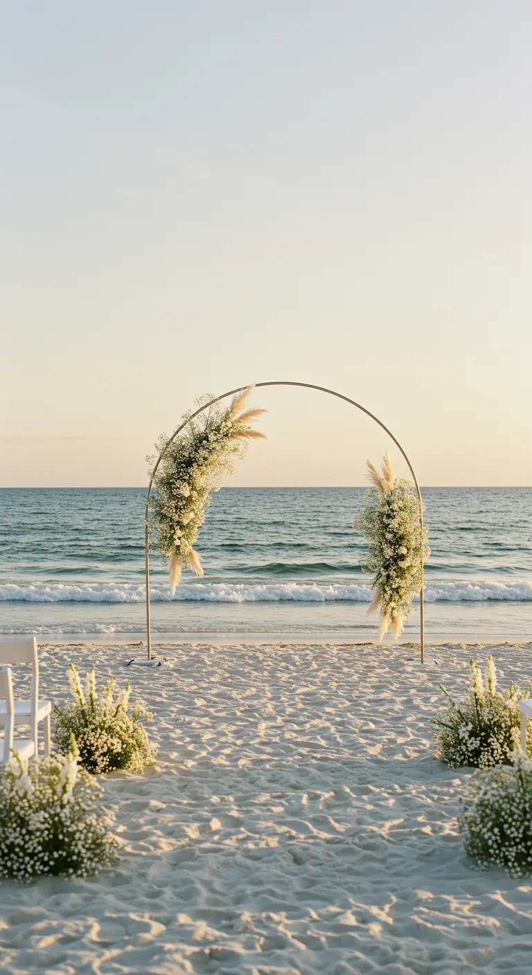Arche de mariage semi-circulaire sur une plage avec l'océan en arrière-plan.