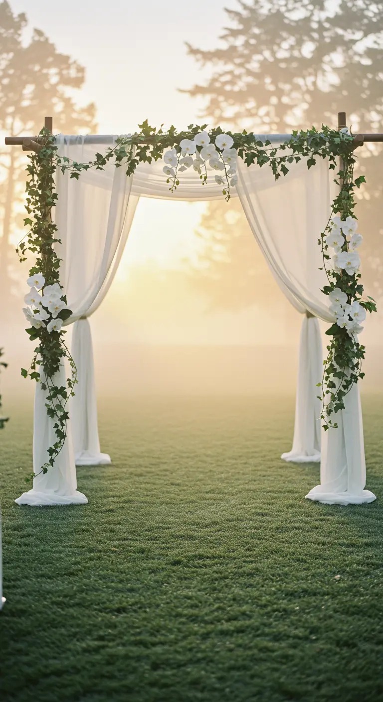 Arche de mariage en bambou avec un voile blanc et des orchidées dans la brume.