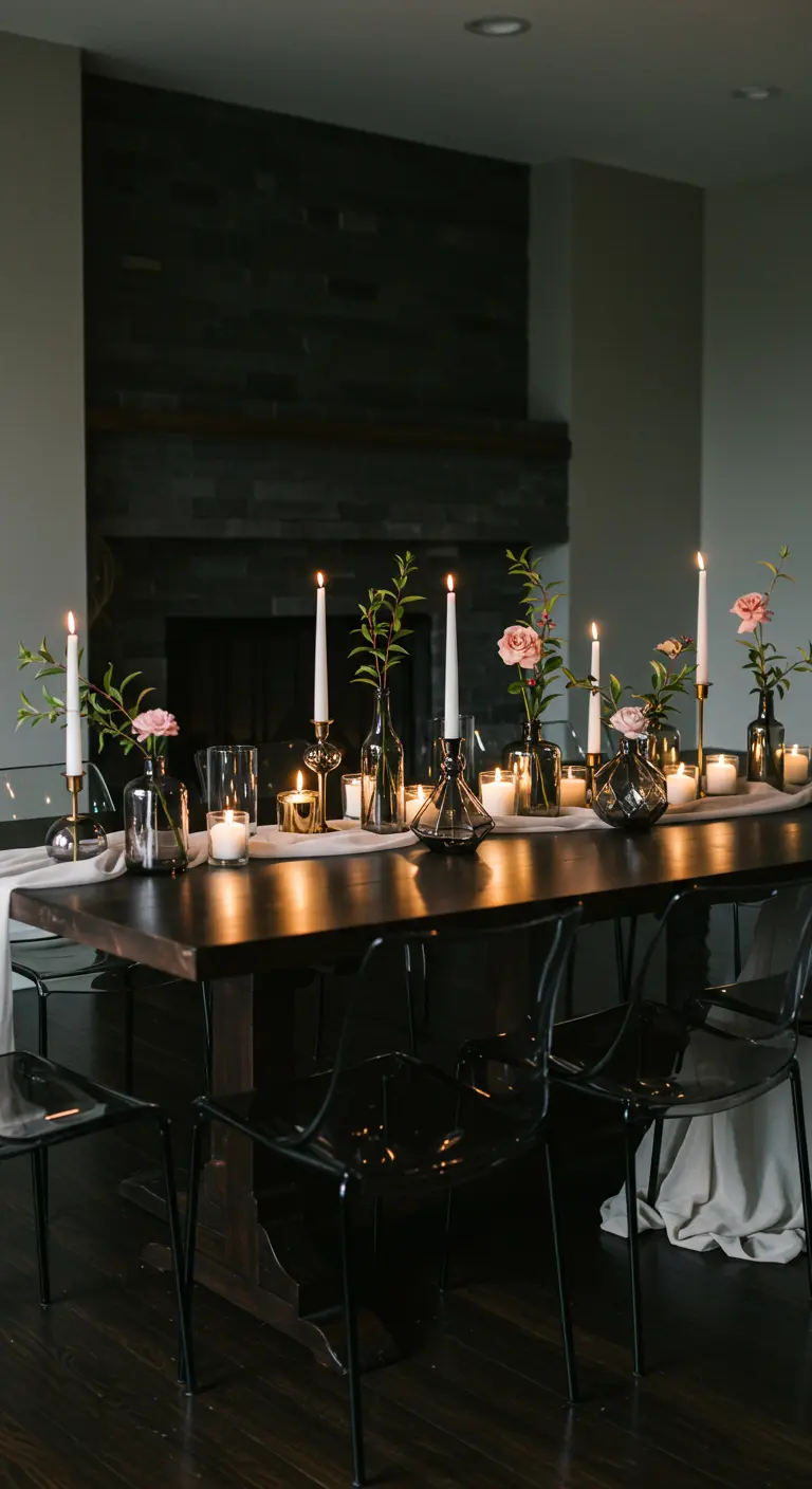 Table en bois sombre éclairée par de nombreuses bougies et des fleurs dans de petits vases.