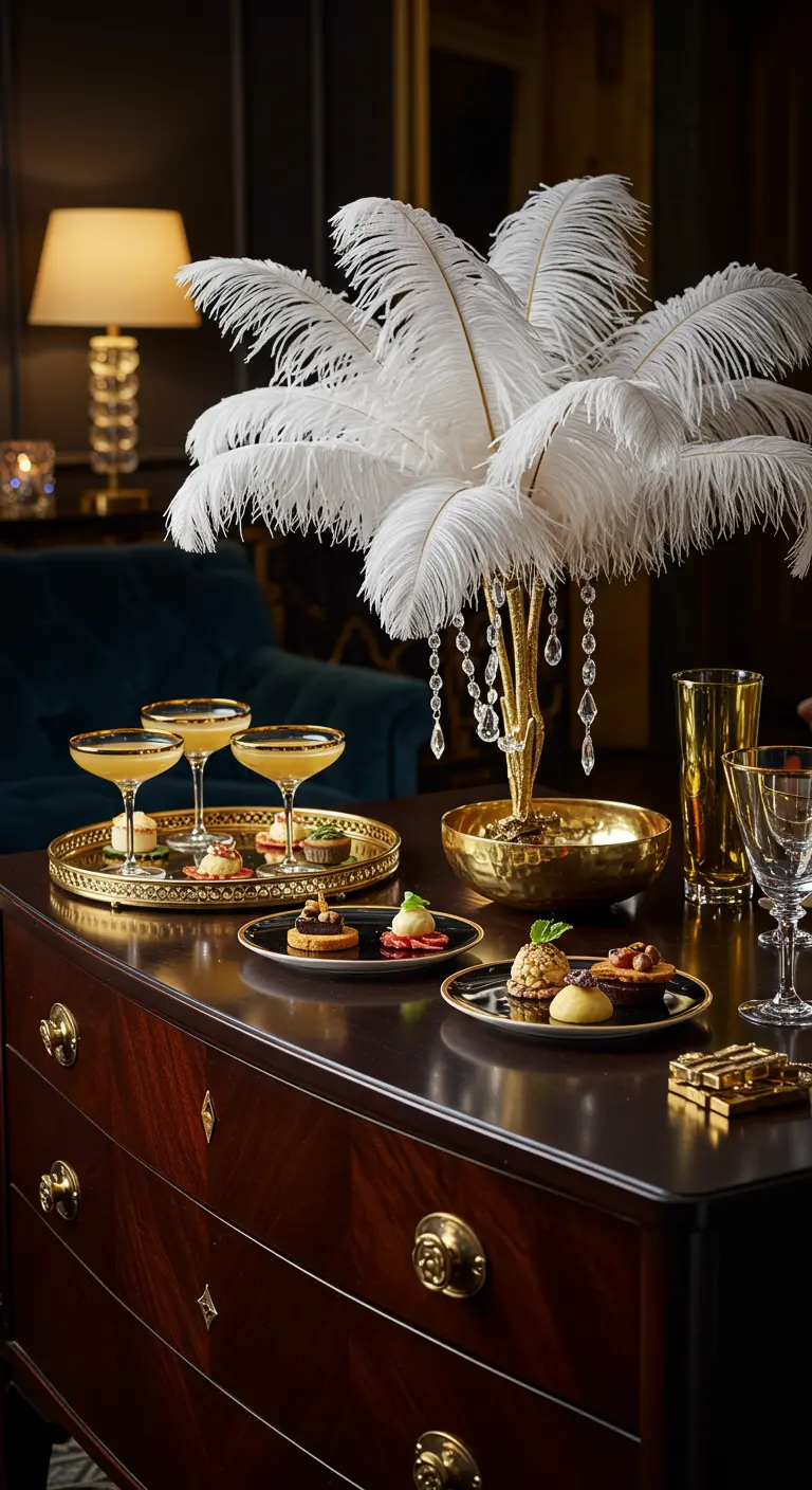 Décor de soirée cocktail glamour style Art Déco avec plumes blanches et dorures