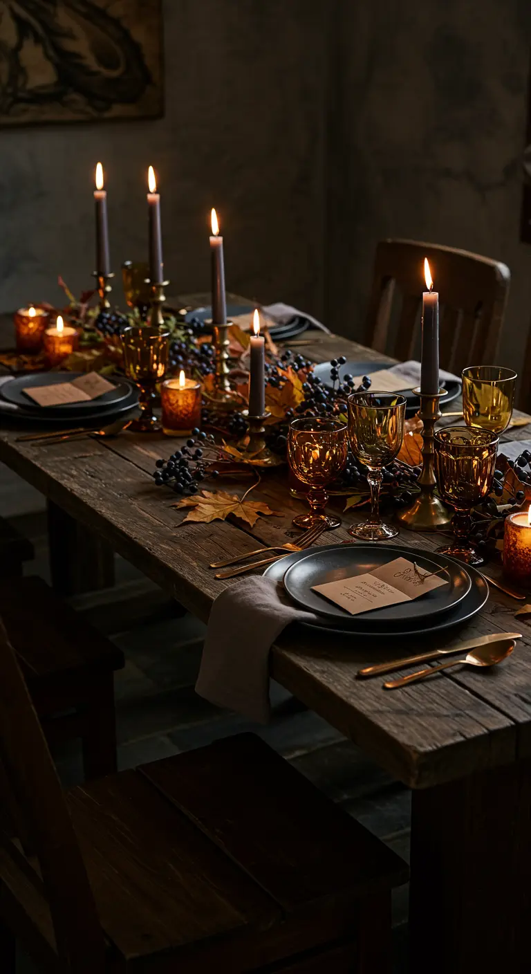 Table sombre et rustique éclairée par des bougies, avec de la verrerie ambrée.