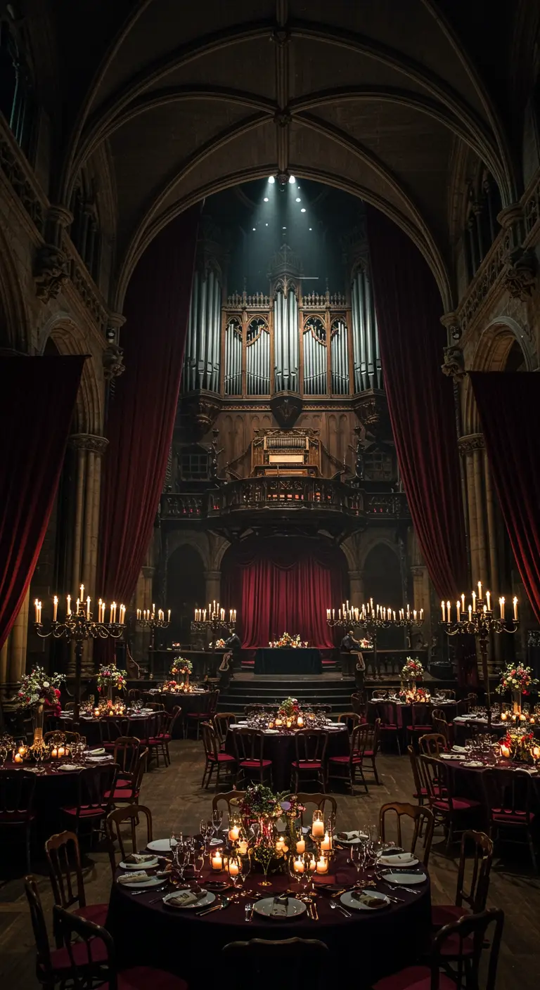 Salle de banquet de style gothique avec des tables rondes éclairées par des chandeliers.