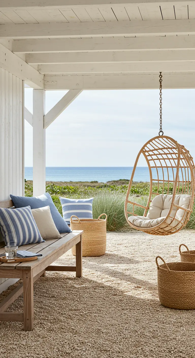 Terrasse de plage avec un banc en bois, un fauteuil suspendu en rotin et des paniers.
