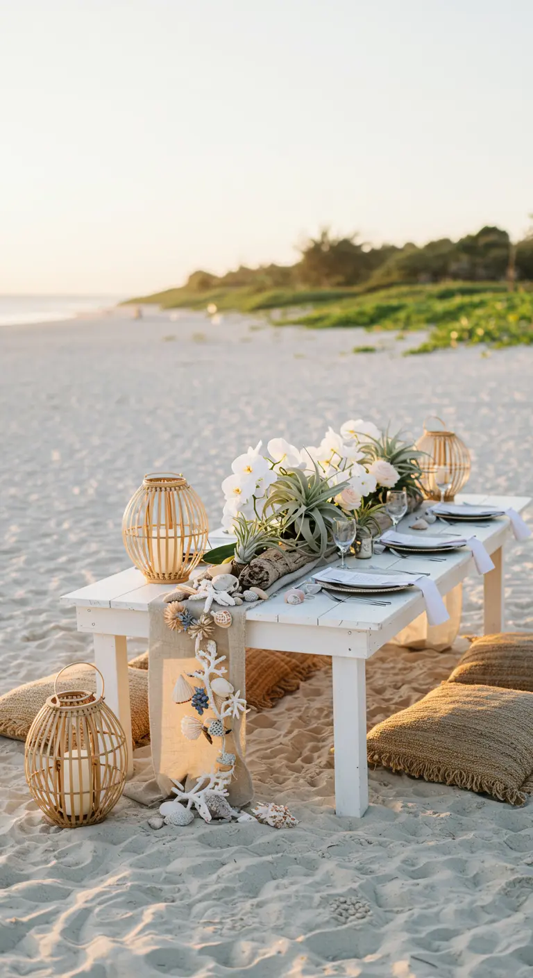 Table de mariage sur la plage avec des orchidées blanches, du bois flotté et des lanternes.