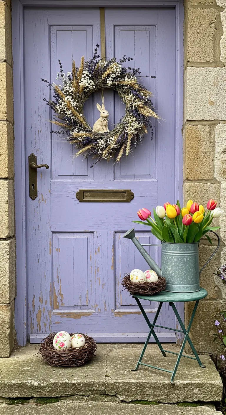 Couronne de fleurs séchées et lavande sur une porte lilas patinée.