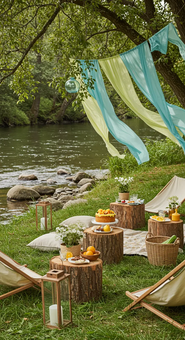 Pique-nique au bord d'une rivière avec troncs d'arbres, coussins et tissus légers.