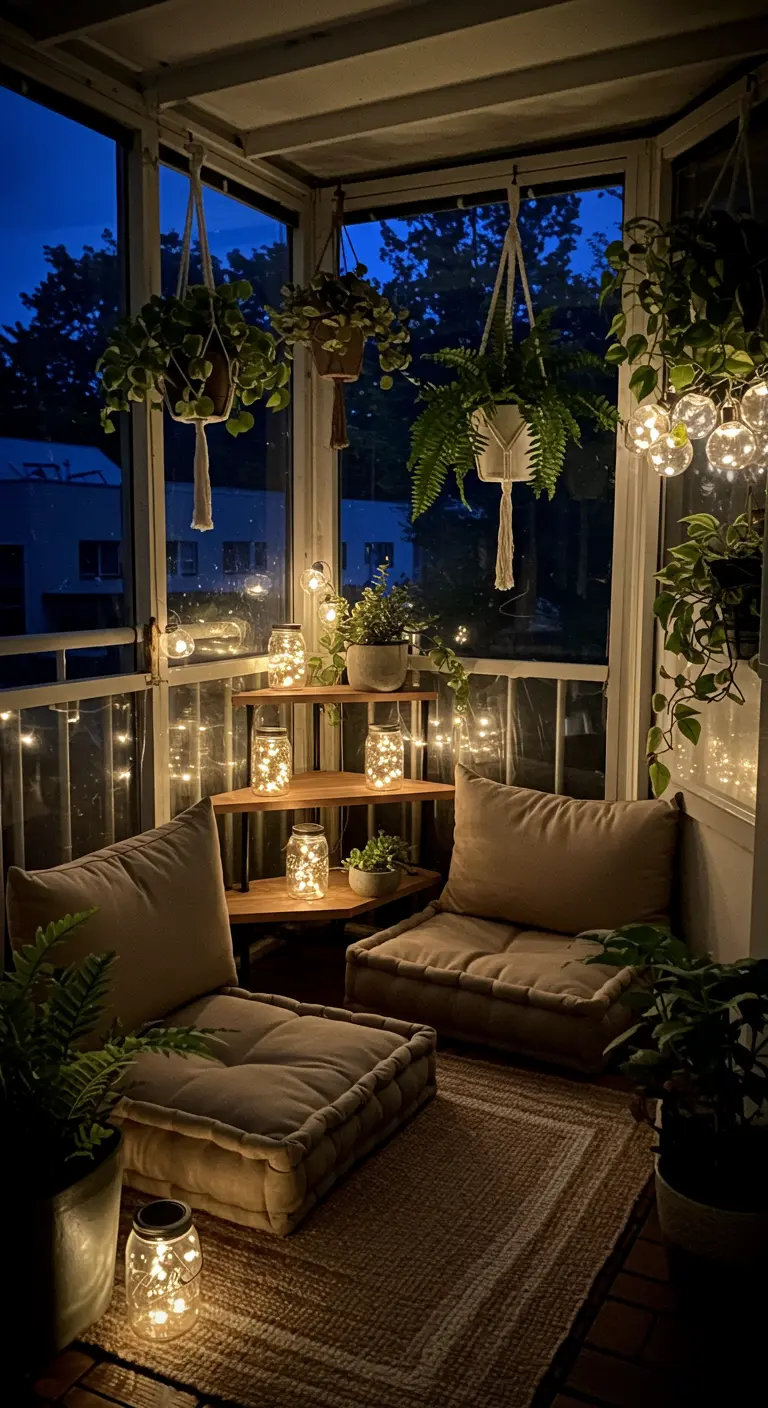 Balcon confortable la nuit avec des coussins de sol et des guirlandes dans des bocaux.