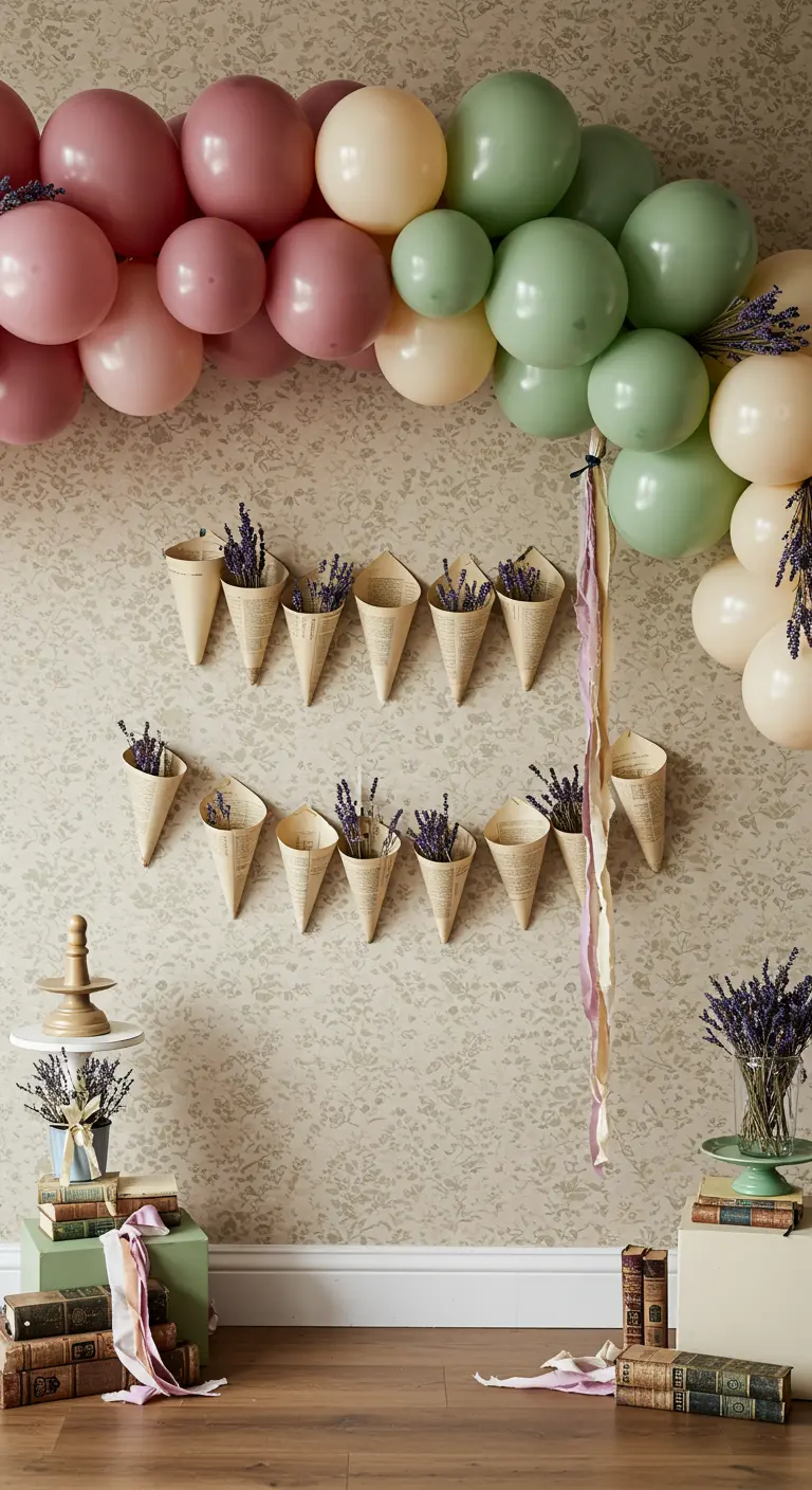 Arche de ballons aux tons doux avec des cornets de lavande accrochés au mur.