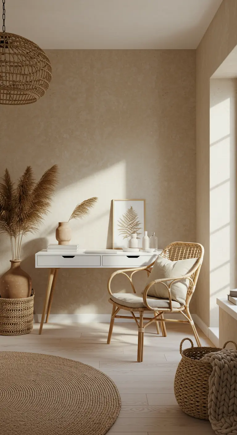 Bureau blanc et bois clair, chaise en rotin et murs beiges texturés.