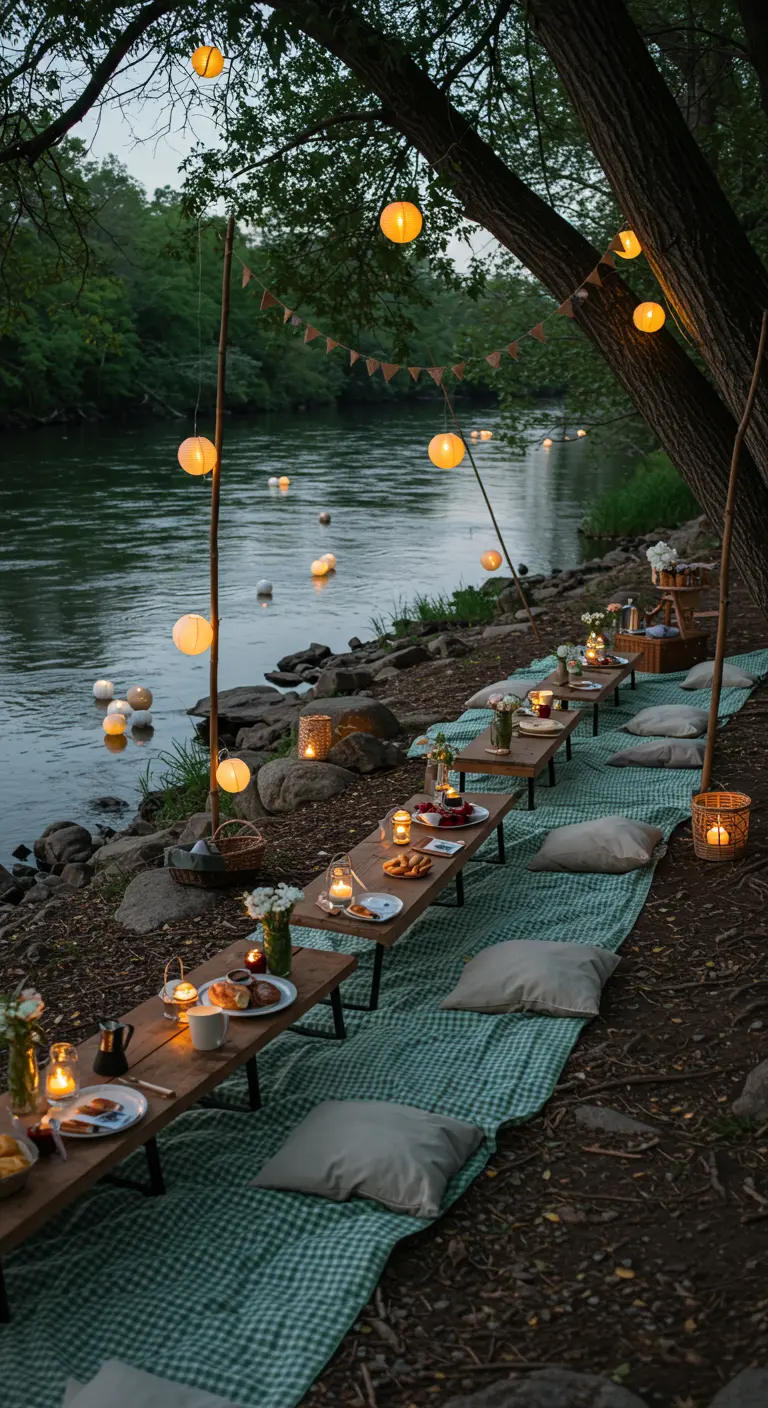 Pique-nique au bord de la rivière au crépuscule, nappe vichy verte, lanternes et lumières.