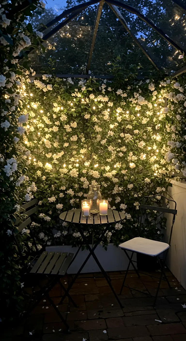 Petit coin repas romantique devant un mur de fleurs blanches illuminé de guirlandes.