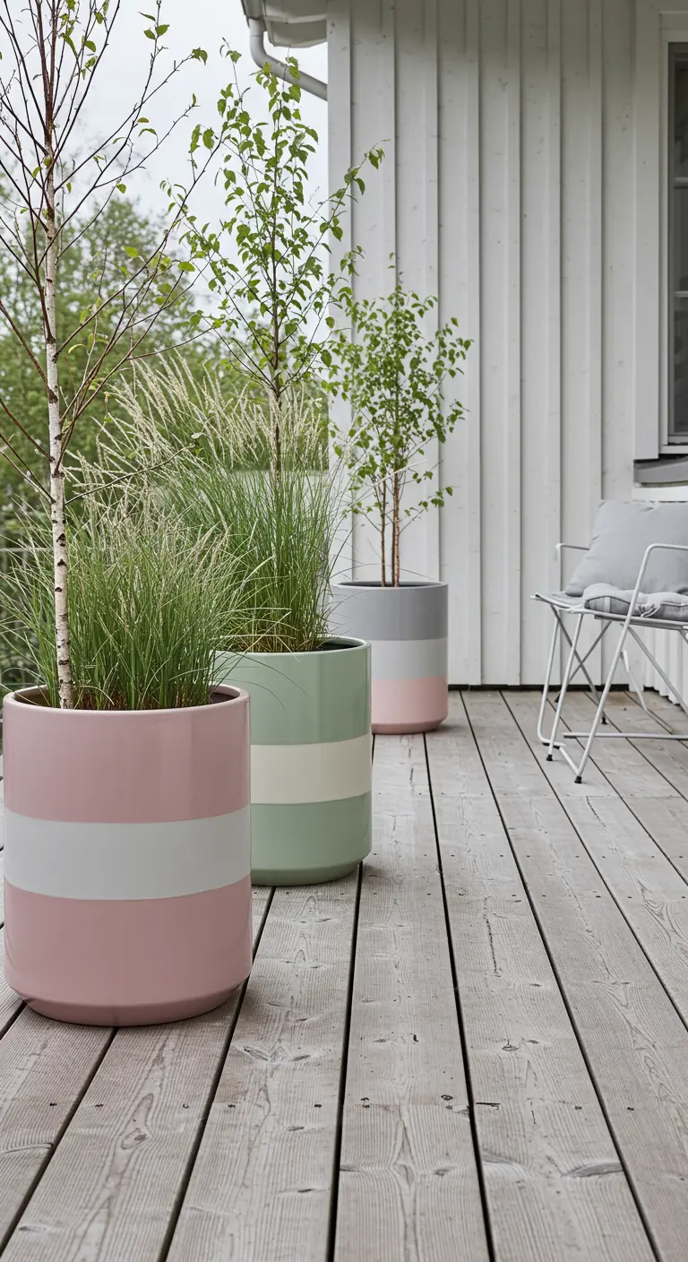 Grands pots de fleurs pastel avec une bande blanche sur une terrasse en bois.
