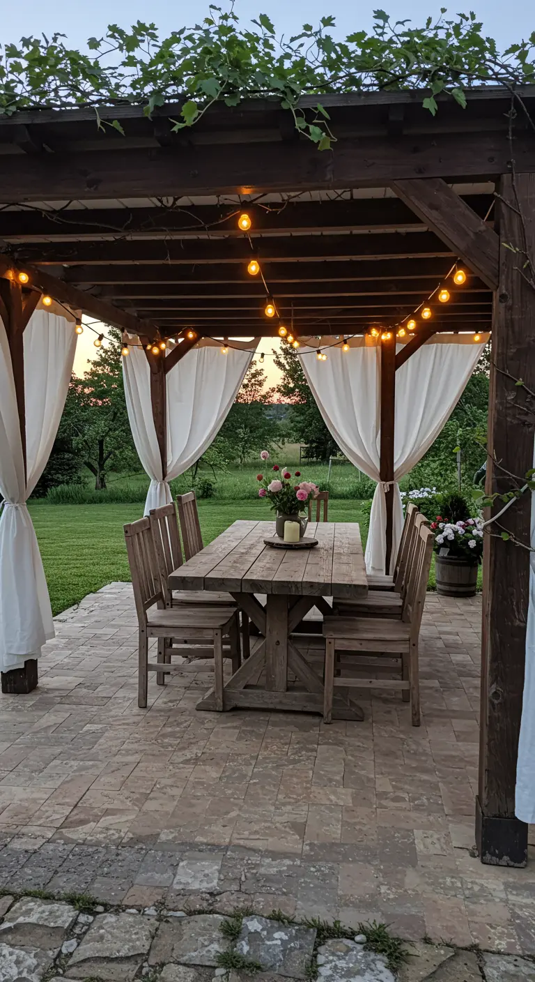 Pergola rustique en bois avec table et rideaux blancs au crépuscule
