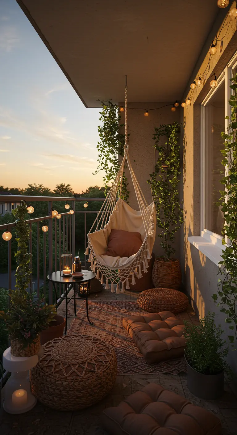 Fauteuil-hamac suspendu sur un balcon cosy avec des plantes grimpantes.
