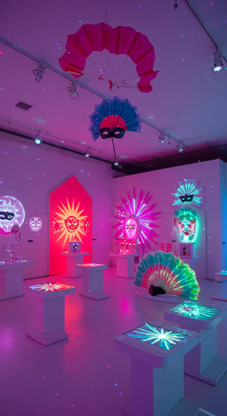 Galerie d'art moderne avec masques lumineux, projections colorées et éventails décoratifs.