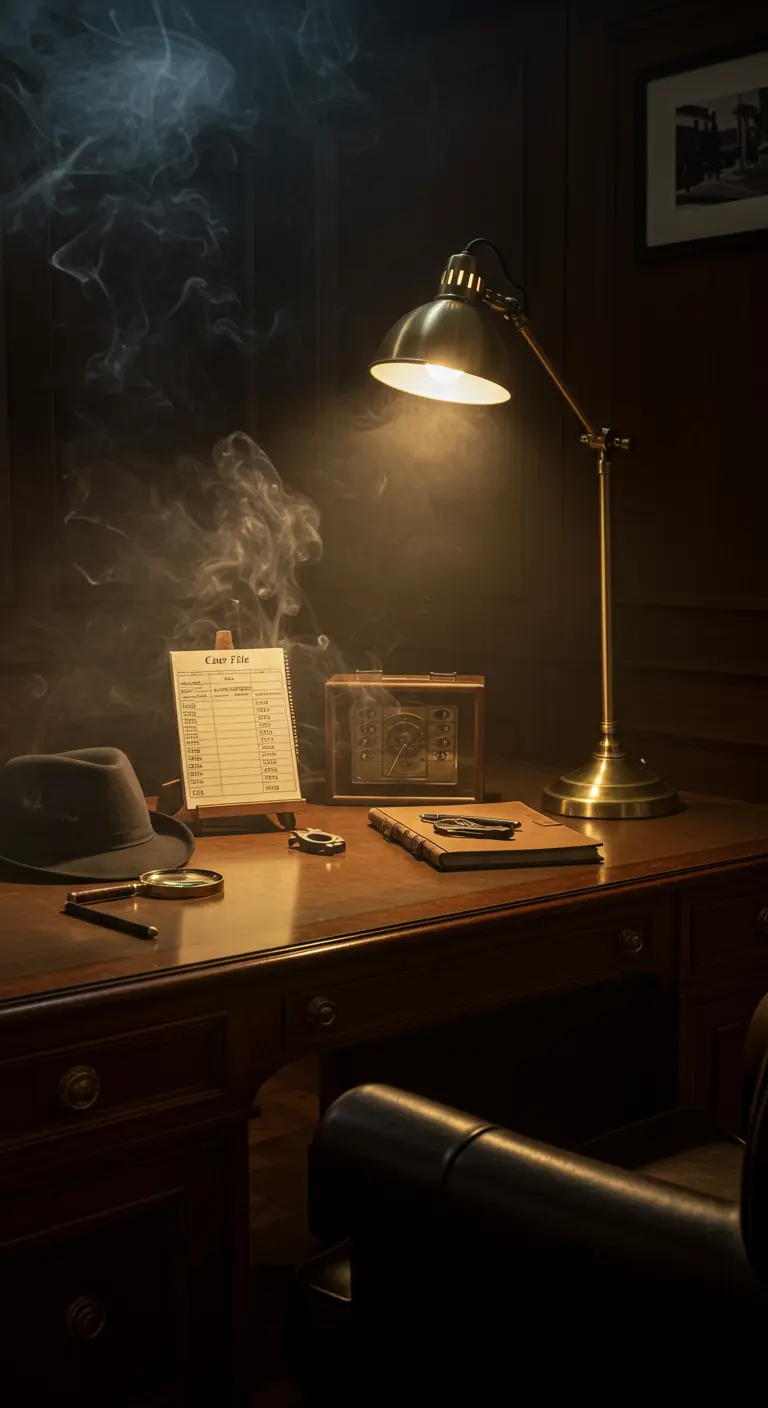 Bureau de détective vintage avec chapeau, loupe et documents sous une lumière tamisée.