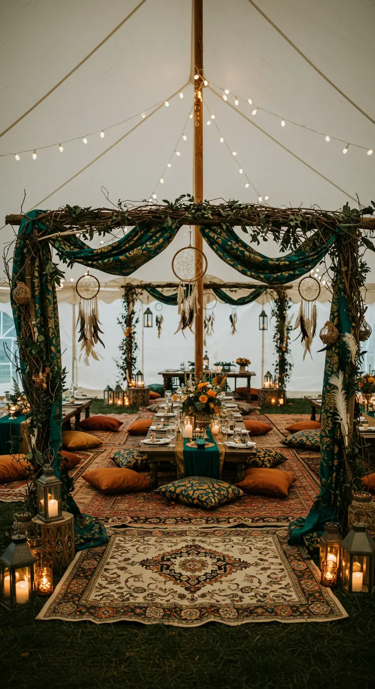 Arche de mariage sous tente avec tissu bleu canard, attrapes-rêves, lanternes, feuillage et tapis persans.