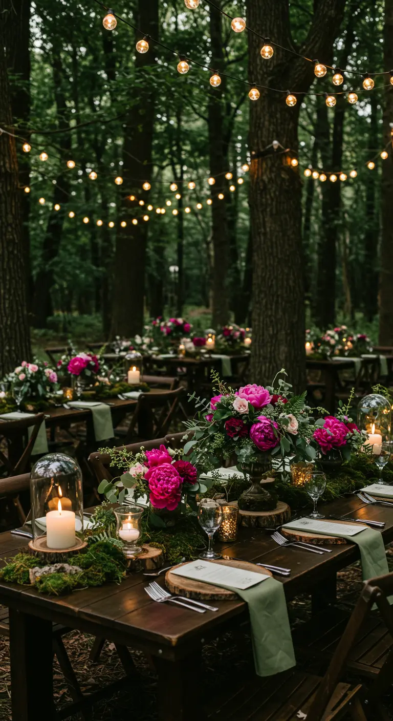 Tables de mariage en forêt, pivoines fuchsia, mousse végétale, rondins de bois, bougies sous cloche.