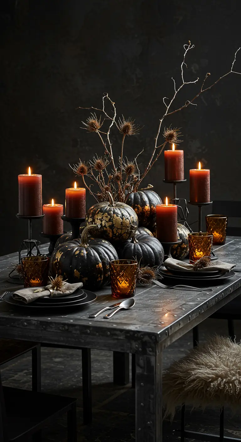 Une table sombre décorée de citrouilles noires et dorées, de bougies sombres et de branches séchées.