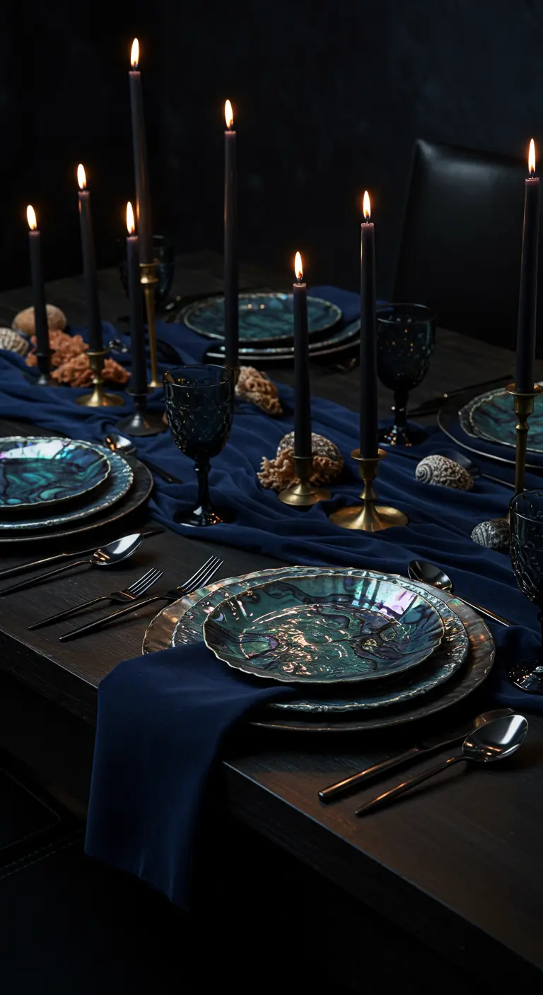 Table sombre et chic avec un chemin de table bleu nuit, des bougies noires et de la vaisselle irisée.
