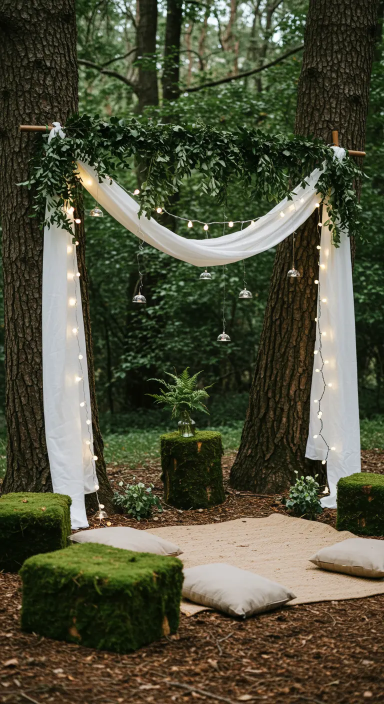 Arche suspendue entre deux arbres avec des voiles blancs, guirlandes lumineuses et coussins au sol.