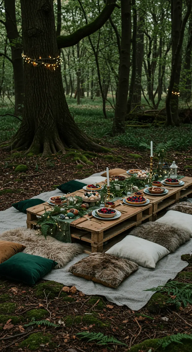 Chemin de table vert forêt sur table en palettes, coussins moelleux, décor forestier.