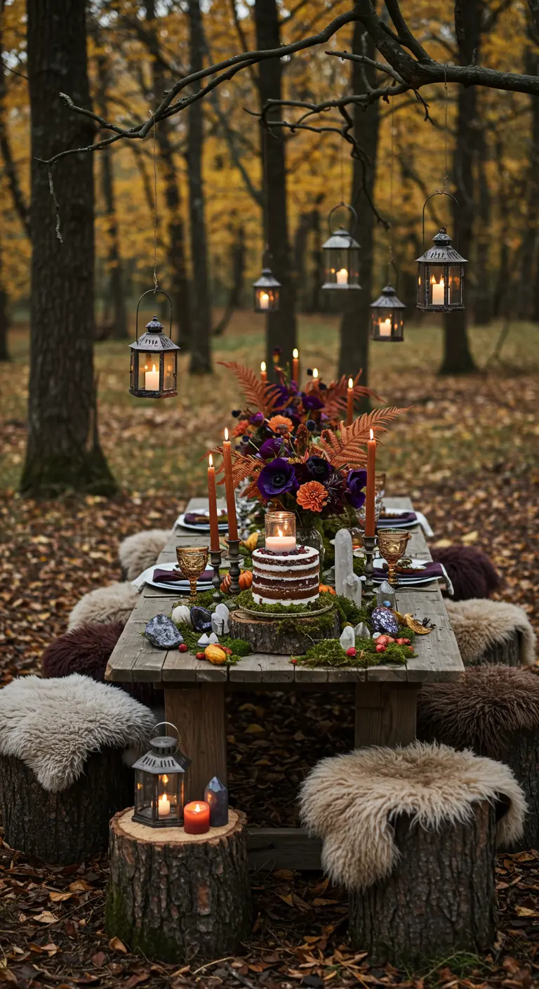 Table rustique d'anniversaire automnale dans une forêt, avec lanternes, fleurs sombres et bougies.
