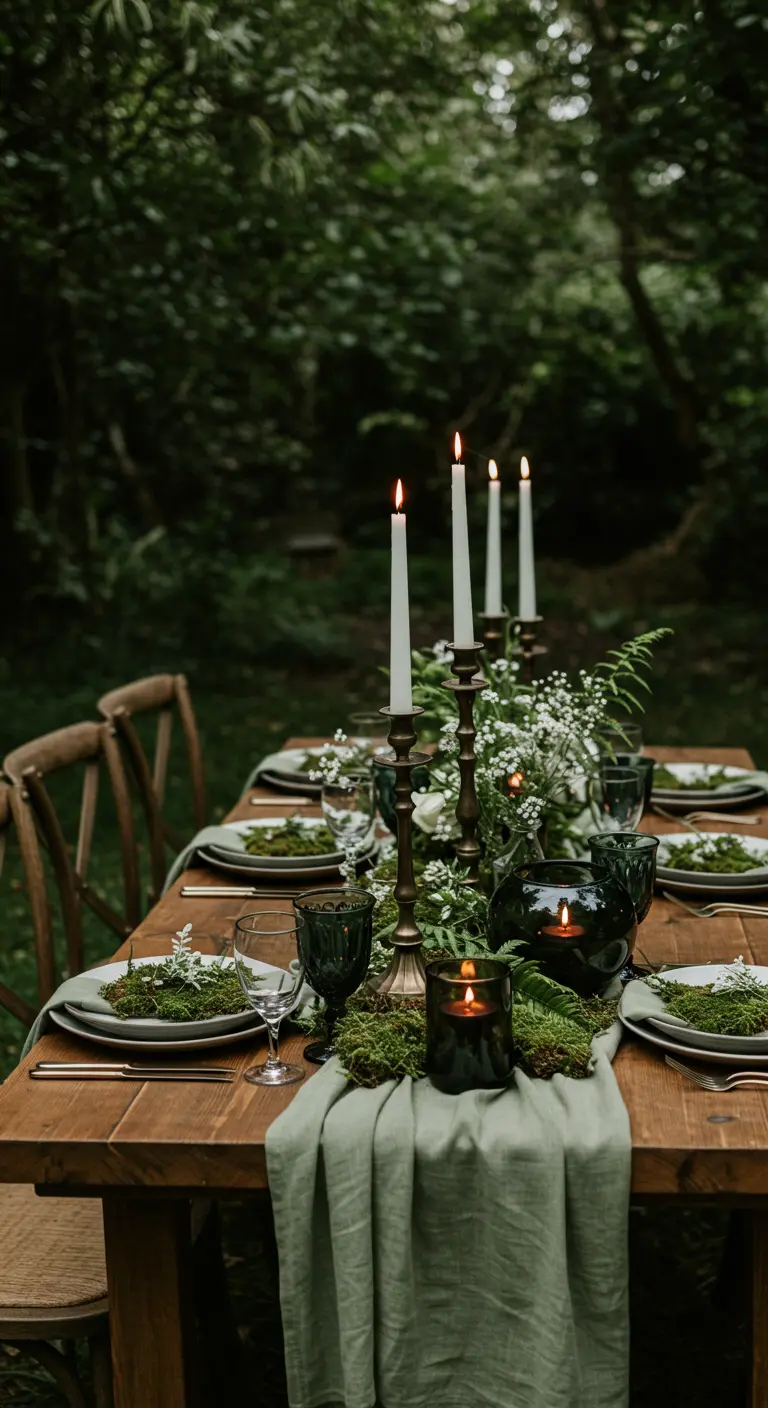 Table en bois dans forêt, chemin de table vert, mousse, grands chandeliers sombres.
