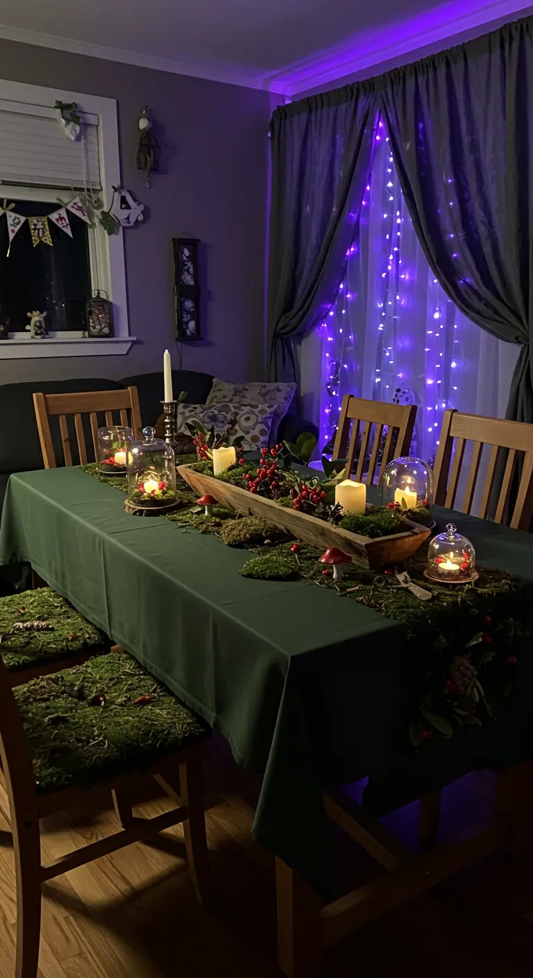 Centre de table forêt enchantée avec mousse, bougies sous cloches, baies rouges et champignons, lumières violettes.