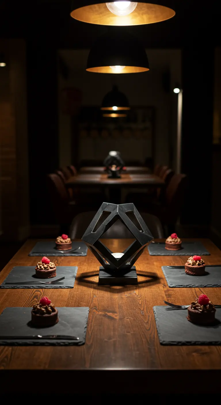 Table sombre avec centre de table lanterne géométrique, desserts individuels sur ardoises.
