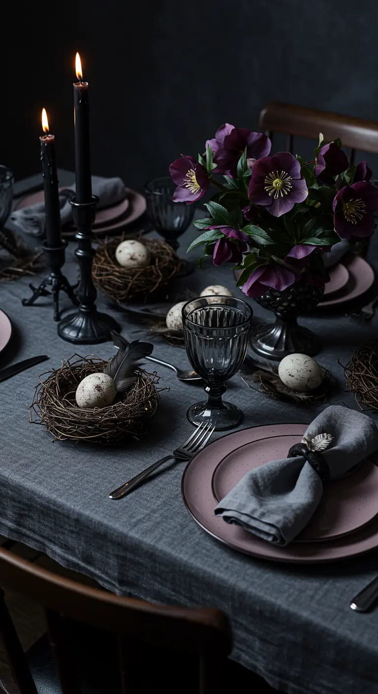 Table de Pâques sombre et dramatique avec des fleurs pourpres et des bougies noires.