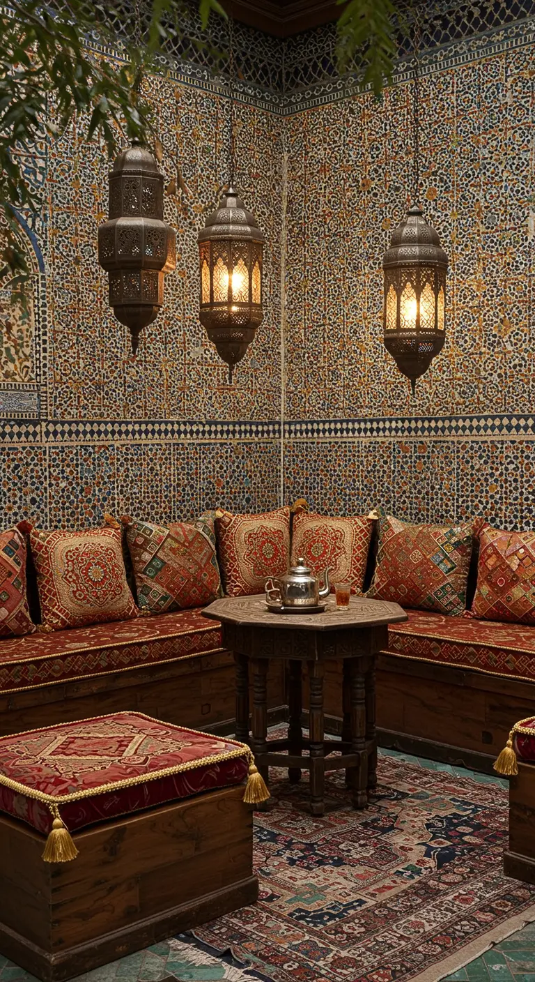 Cour marocaine avec murs carrelés, banquettes en bois, coussins brodés et lanternes.