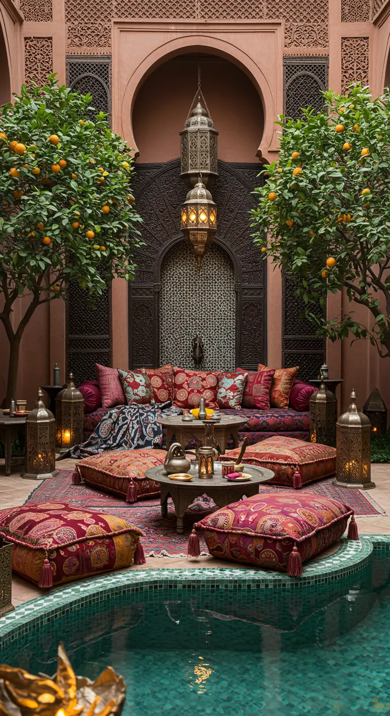 Lounge marocain dans un riad avec canapés bas, coussins colorés, orangers et lanternes.