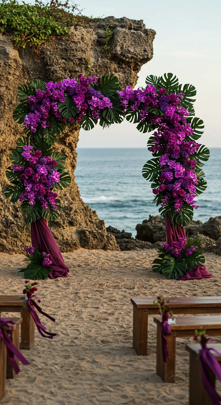 Arche florale violette, orchidées, monstera, drapés sombres, plage rocheuse au crépuscule.
