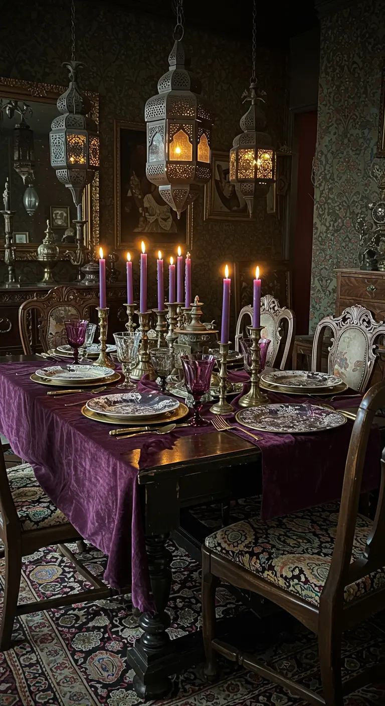 Table de banquet opulente, nappe pourpre, chandeliers dorés, lanternes orientales.