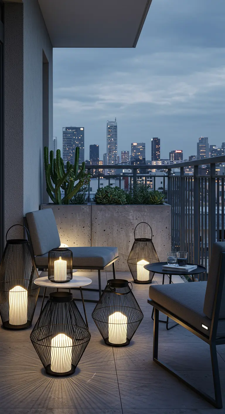 Balcon moderne avec lanternes géométriques illuminant le sol et skyline urbaine en arrière-plan.