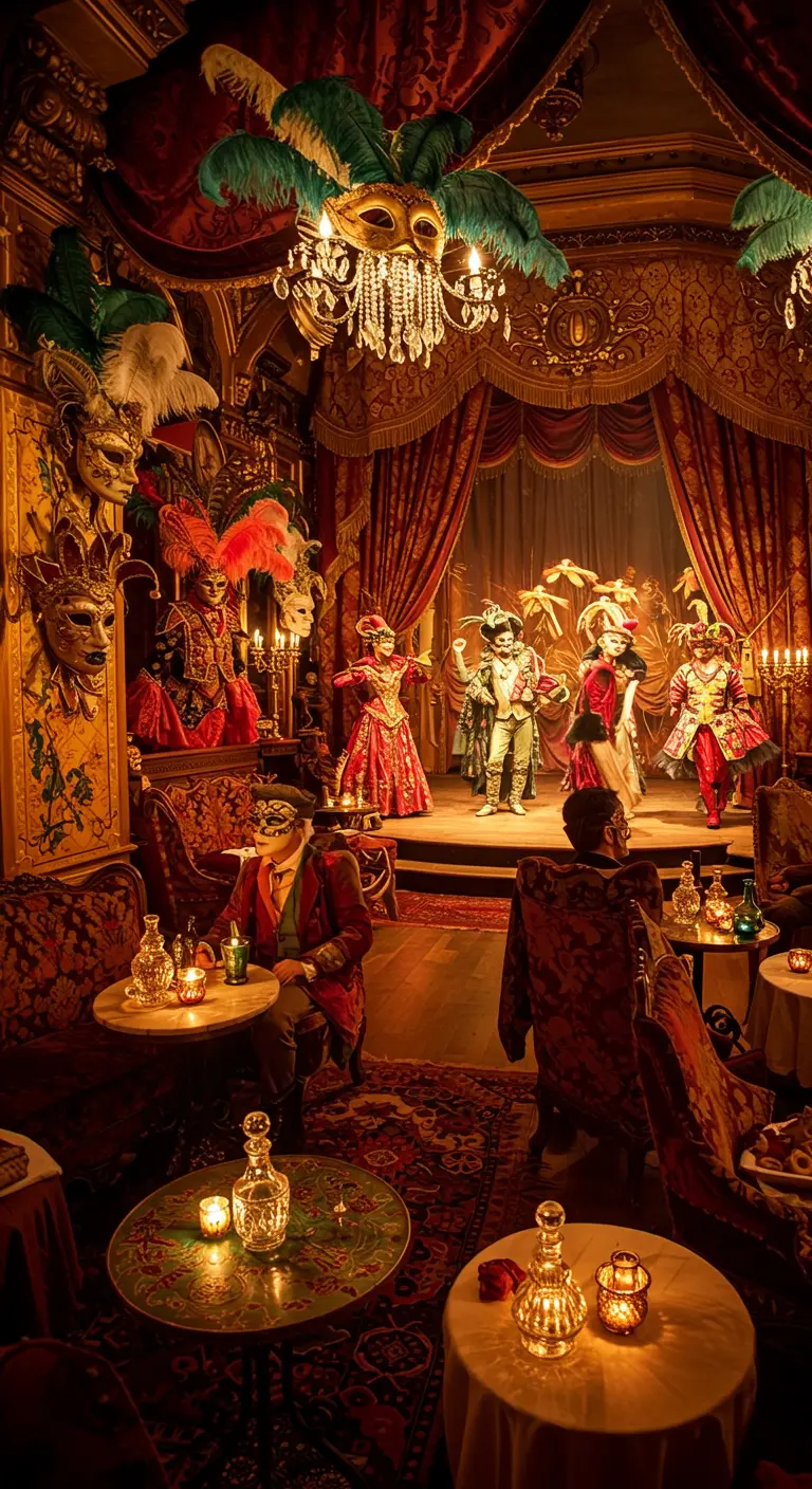 Cabaret de style vénitien avec personnages masqués, décorations baroques et bougies.